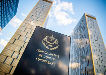 15 June 2019, Luxembourg, Luxemburg: The picture shows a sign in front of the office towers of the European Court of Justice with the inscription "Cour de Justice de l'union Européene" in the Europaviertel on the Kirchberg. Photo: Arne Immanuel Bänsch/dpa (Photo by Arne Immanuel Bänsch/picture alliance via Getty Images)