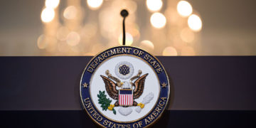 WASHINGTON, DC - JUNE 09:  A view of the State Department seal on the podium before Romanian President Klaus Iohannis and U.S. Secretary of State Rex Tillerson appear for a photo opportunity at the State Department, June 9, 2017 in Washington, DC. Iohannis is also scheduled to meet with President Donald Trump on Friday afternoon. (Photo by Drew Angerer/Getty Images)