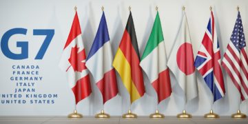 G7 summit or meeting concept. Row from flags of members of G7 group of seven and list of countries, 3d illustration