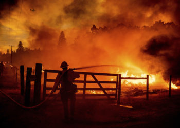 A firefighter extinguishes flames as the Oak Fire crosses Darrah Rd. in Mariposa County, Calif., on Friday, July 22, 2022. Crews were able to to stop it from reaching an adjacent home. (AP Photo/Noah Berger)