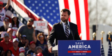 COLUMBUS, OH — APRIL 23: J.D. Vance, candidate for the U.S. Senate speaks at the Save America Rally featuring the former President Donald J. Trump, April 23, 2022, at the Delaware County Fairgrounds, Delaware, Ohio. (Photo by Graham Stokes)